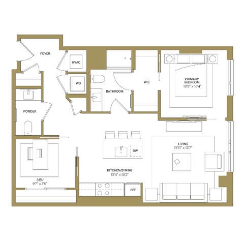 A floor plan of a house with a living room, kitchen, and two bedrooms.